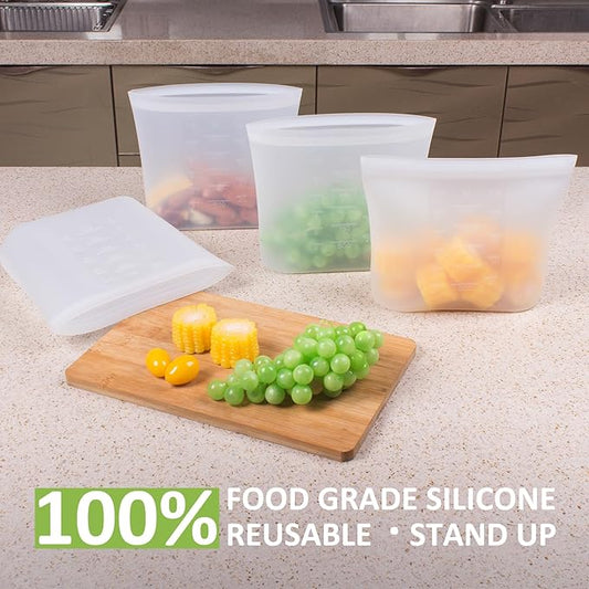 Large Reusable Food Bags 4 Pack, 1.5 Quart(50.7fl.oz) 100% Silicone Storage Bags Stand Up Zip Silicone Food Container, Freezer Microwave Oven Dishwasher Safe, Translucent