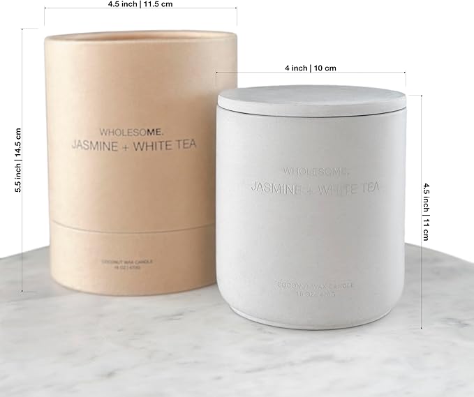WHOLESOME. Jasmine + White Tea Scented Non Toxic Candles - 100% Natural Coconut Wax Candle, 90 Hours Burn, 2 Wicks, Aromatherapy & Stress Relief Candles, Vegan Candle, 16 oz Concrete Jar