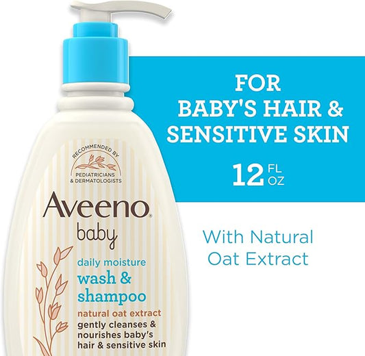 Aveeno Baby Daily Moisture Gentle Body Wash & Shampoo with Oat Extract, 2-in-1 Baby Bath Wash & Hair Shampoo, Tear- & Paraben-Free for Hair & Sensitive Skin, Lightly Scented, 12 fl. oz