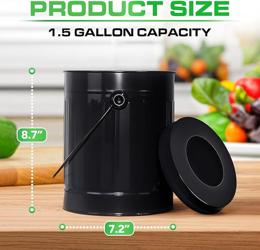 Plexon Countertop Compost Bin Kitchen Indoor with Lid, Black 1.5 Gallon Odorless Kitchen Container, Steel Food Compost Bucket with Charcoal Filter, Compost Pail for Countertop