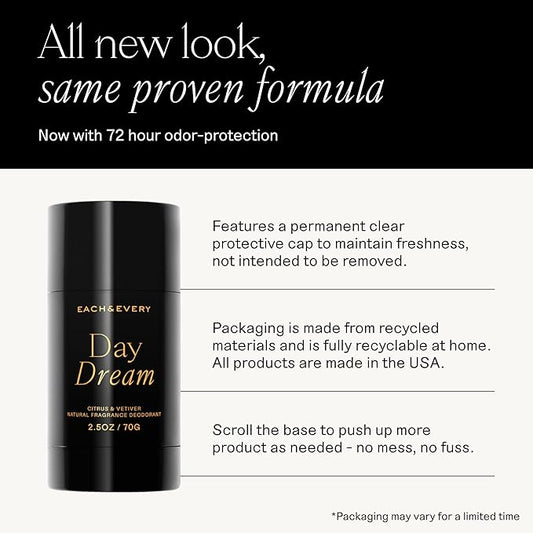 Each & Every Aluminum Free Deodorant for Women & Men, Citrus & Vetiver - All Natural Deodorant for Sensitive Skin, EWG Verified - Clean, Baking Soda-Free, Plant-Based Fragrance - 2.5oz, 2 Pack