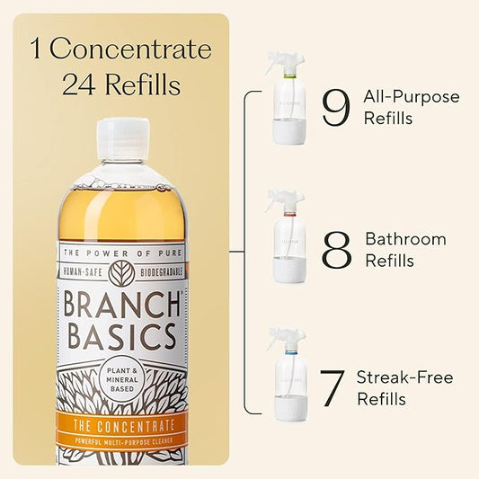 Branch Basics Cleaning Essentials Kit: All Purpose, Glass and Bathroom Cleaner - Concentrate (33.8 Oz) (24 Refills) + Refillable Glass Spray Bottles (16 Oz) Plant Based, Human-Safe, & Fragrance Free