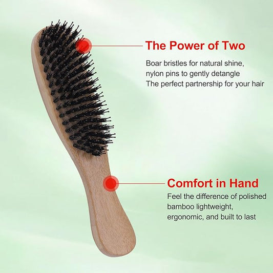 PERFEHAIR Boar Bristle Hair Brush for Women & Men – Small Bamboo Handle Hairbrush with Natural Boar & Nylon Bristles for Fine, Thin,Thick Hair, Smoothing & Detangling Brush for Shine & Frizz Control