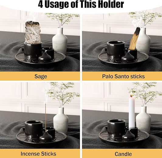 Palo Santo Holder - 4 in 1 Incense & Candle Holder - Ceramic Incense Holder Ash Catcher Tray for Meditation Room - Easy to Clean