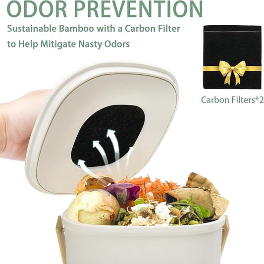 Vipush Bamboo Fiber Compost Bin with Lid Small Countertop Compost Bin Includes Charcoal Filter, Beige