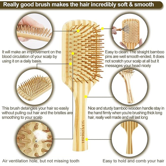 Hair Brush Set for Women & Men, Natural Bamboo Bristles Wet Dry Flat Paddle Detangling Bamboo Brushes Fit All Types Hair, Brush Cleaner Tool included - 3 Pack