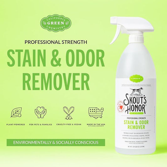 SKOUT'S HONOR Pet Stain and Odor Remover - Powerful Cleaner for Dog Urine, sweat, and other messes, Destroys and Removes Odor and Stain Molecules, Eco-Friendly Formula for Carpets and Home, 35oz