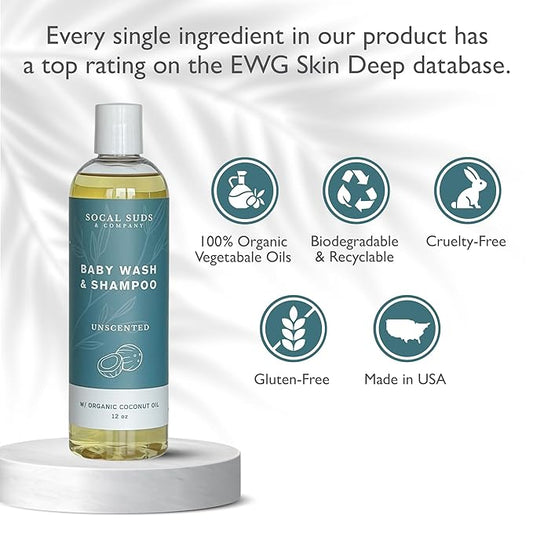 SoCal Suds & Company Organic Baby Shampoo and Body Wash - 2-in-1 Castile Soap, Hypoallergenic, Sensitive Skin, Natural Soap, Toddler Shampoo, Infant, Newborn, Kids Body Wash - 12oz Fragrance Free