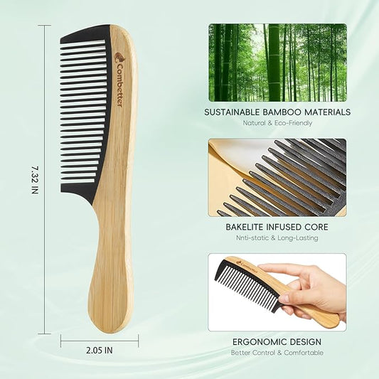 Natural Bamboo Comb for Detangling, Durable Bakelite Infused Anti Static Fine tooth Comb for Curly, Thick, Think Hair & Beard, Eco-Friendly Hair Comb for Women,Men