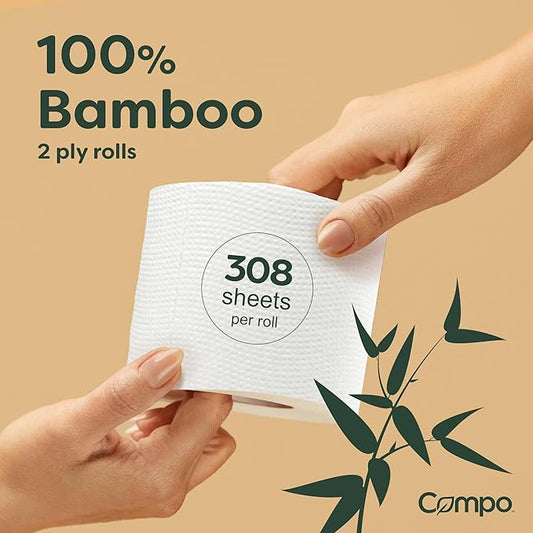 Compo Boat & RV Toilet Paper, 100% Bamboo Toilet Paper for Marine, Motor Homes and Travel Camper Use, Rapid Dissolve, Septic Safe, Plastic Free Packaging, 308 2-Ply Sheets per Roll (24 Compact Rolls)