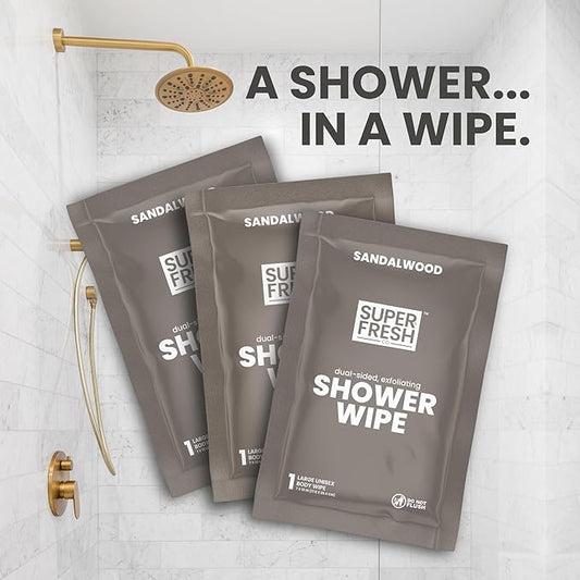 Super Fresh Shower Wipes Large Sandalwood Body Wipes for No Rinse Bathing Personal Hygiene Gym Travel or Camping Enriched with Aloe and Vitamin E 50 Individually Wrapped Disposable Sheets