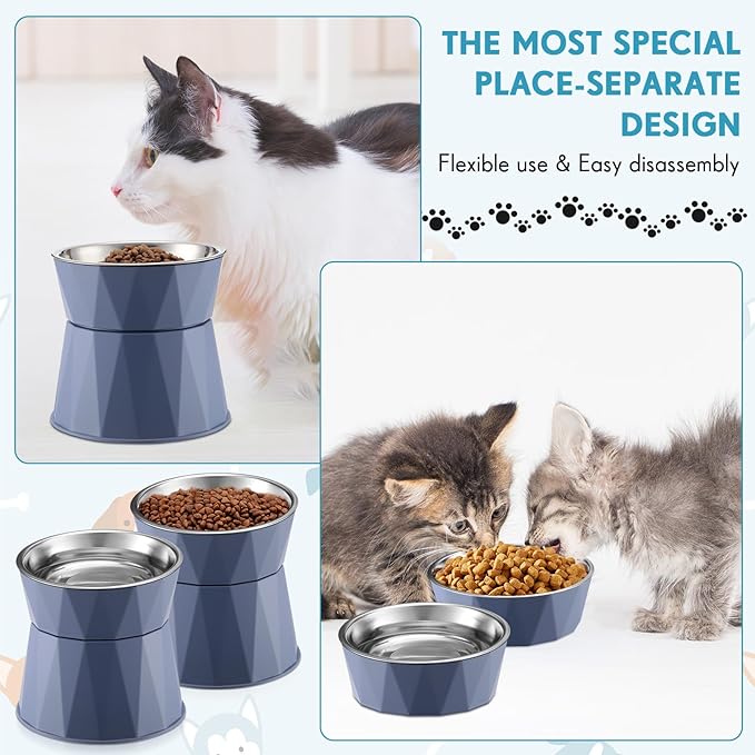 Lallisa 2 Pcs Elevated Cat Bowls Adjustable Raised Cat Feeder Non Slip Food Water with Stand Safe Stainless Steel Bowls with Pet Food Stand for Pets Feeding Eating(Blue)