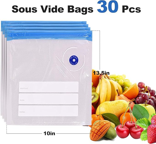 Sous Vide Bags, 30 PCS 10"X13.5" Reusable Vacuum Seal Bags for Food,Vacuum Zipper Sealer Bag for Sous Vide Cooking,Freezer Safe,Microwave Heating and Food Storage