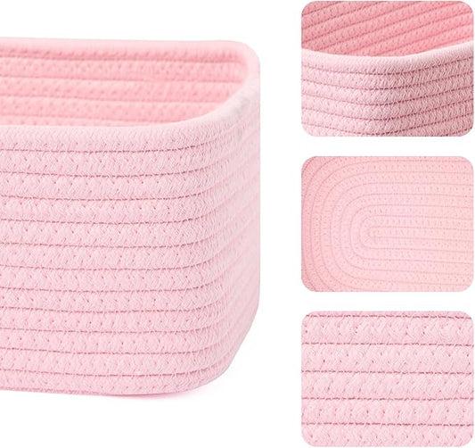 Small Storage Baskets for Organizing | Closet Organizer Bins | Shelf Toy Basket | Woven Rope Baskets | Cube Decorative Box | Shallow Basket | 11.5x7.5x4.7” | 4 Packs Light Pink