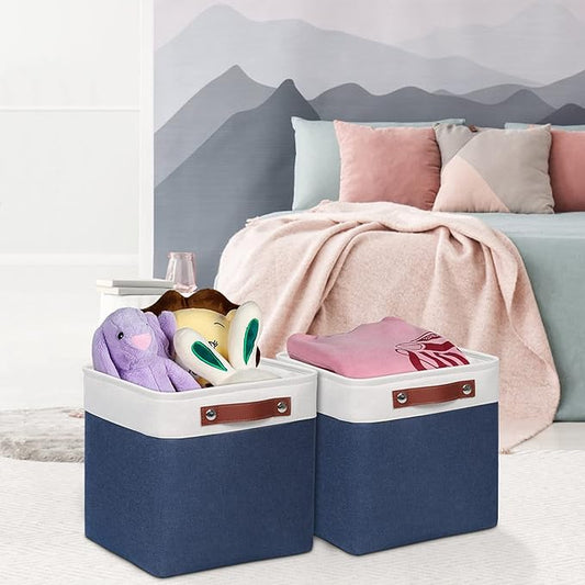 Univivi Fabric Cube Bins Set of 4 Storage Baskets with PU Handles for Home Closet Foldable Storage Bins (Blue, 10.5" x 10.5" x 11")