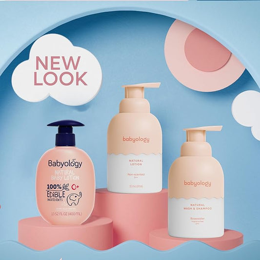 Babyology All Natural Baby Wash and Shampoo - 100% Edible Ingredients - with Organic Rose Water (Unscented) - 12 FL. OZ - Good for Sensitive Skin - Non Toxic - Tear Free (Pack of 2)