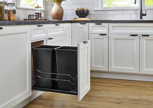 Rev-A-Shelf Double Pullout Trash Can for Base Kitchen Cabinets 27 Quart 12.5 Gallon with Soft-Close Slides, Champagne, 53WC-1527SCDM-212