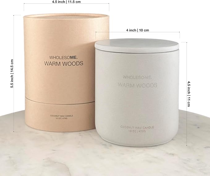 WHOLESOME. Warm Woods Scented Non Toxic Candles - 100% Natural Coconut Wax Candle, 90 Hours Burn, 2 Wicks, Aromatherapy & Stress Relief Candles, Vegan Candle, 16 oz Concrete Jar