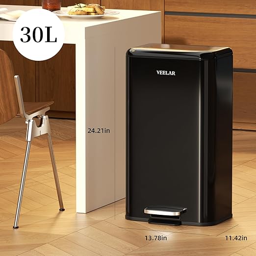 Kitchen 8Gallon(30L) Trash Can - Stainless Steel Garbage Cans with Foot Pedal, Tall Trash Can with Lid for Bathroom Office (Black)