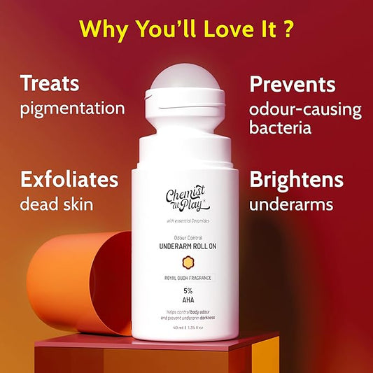 Chemist at Play UnderArm Roll-On with 5% AHA| Lactic & Mandelic Acid|Prevents Odour, Brightens Skin & Exfoliates Underarm| For Sensitive Skin|Royal Oudh Fragrance | Alcohol & Aluminium Free|1.35 fl oz