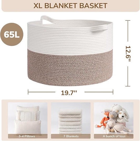 INDRESSME Large Blanket Basket, Laundry Toy Storage Baskets, Decorative Woven Basket for Living Room & Nursery, Baskets for Gifts Empty, Laundry, Dog Toys, Towels, White & Brown, 19.7" D x 12.6" H