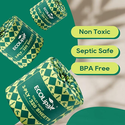 ECOLipak Bamboo Toilet Paper 3 Ply, Septic Safe Toilet Tissue, 12 Double Rolls, 320 Sheets Per Roll, Tree Free, Non Toxic, Soft and Absorbent, Eco Friendly Dye-Free Paper, Brown