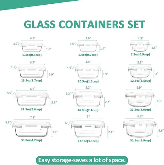 KOMUEE 24 Pieces Glass Food Storage Containers Set,Glass Meal Prep Containers-Stackable Airtight Glass Storage Containers with lids,Freezer, Microwave, Oven Safe,White