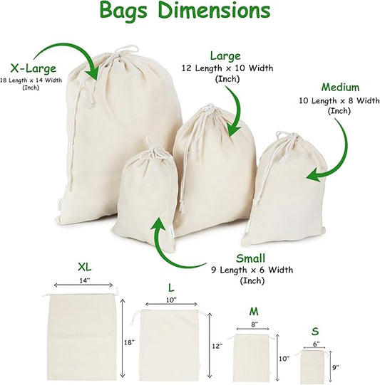 Reusable Cotton Storage Produce Bags With Drawstrings Set of 8 Mixed (S,M,L,XL), Muslin Bags - For Bulk Food Storage, Vegetable, fruit, Food, Snack, Footwear, Toys Storage Bag
