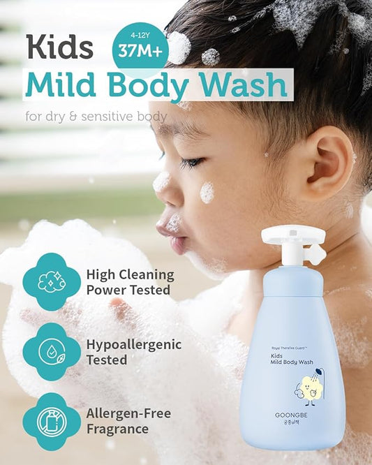 GOONGBE Kids' Mild Body Wash - Korean Kids Body Cleanser - Hydrating & Refreshing Low pH Soft Bubble Foaming with Panthenol and Amino Acids - Allergen Free Scent, 10.1 fl.oz. 2 Pack