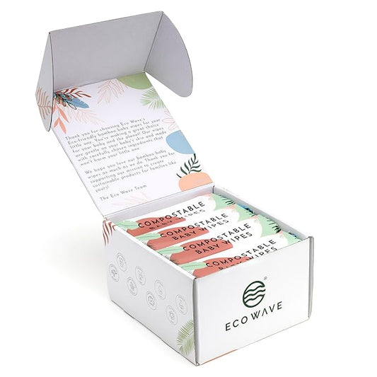 Eco Wave Baby Wipes, 100% Compostable Eco-Friendly Bamboo Wipes, Unscented, Hypoallergenic, Vegan, Alcohol-Free, Suitable For Sensitive Skin (Pack of 4)