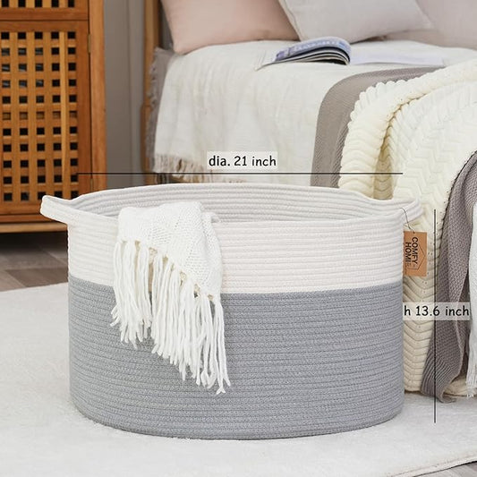 COMFY-HOMI XXXL Large Laundry Basket, Cotton Rope Nursery Woven Basket for Storage, Blanket Baskets Living Room Laundry Hamper, Dog Toy Storage Organizer, Home Decor-21''x21''x13.6''-White/Grey