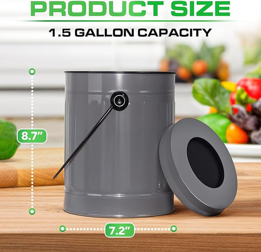 Plexon Countertop Compost Bin Kitchen with Lid, Gray 1.5 Gallon Odorless Container, Steel Food Compost Bucket for Kitchen with Charcoal Filter, Compost Pail for Countertop
