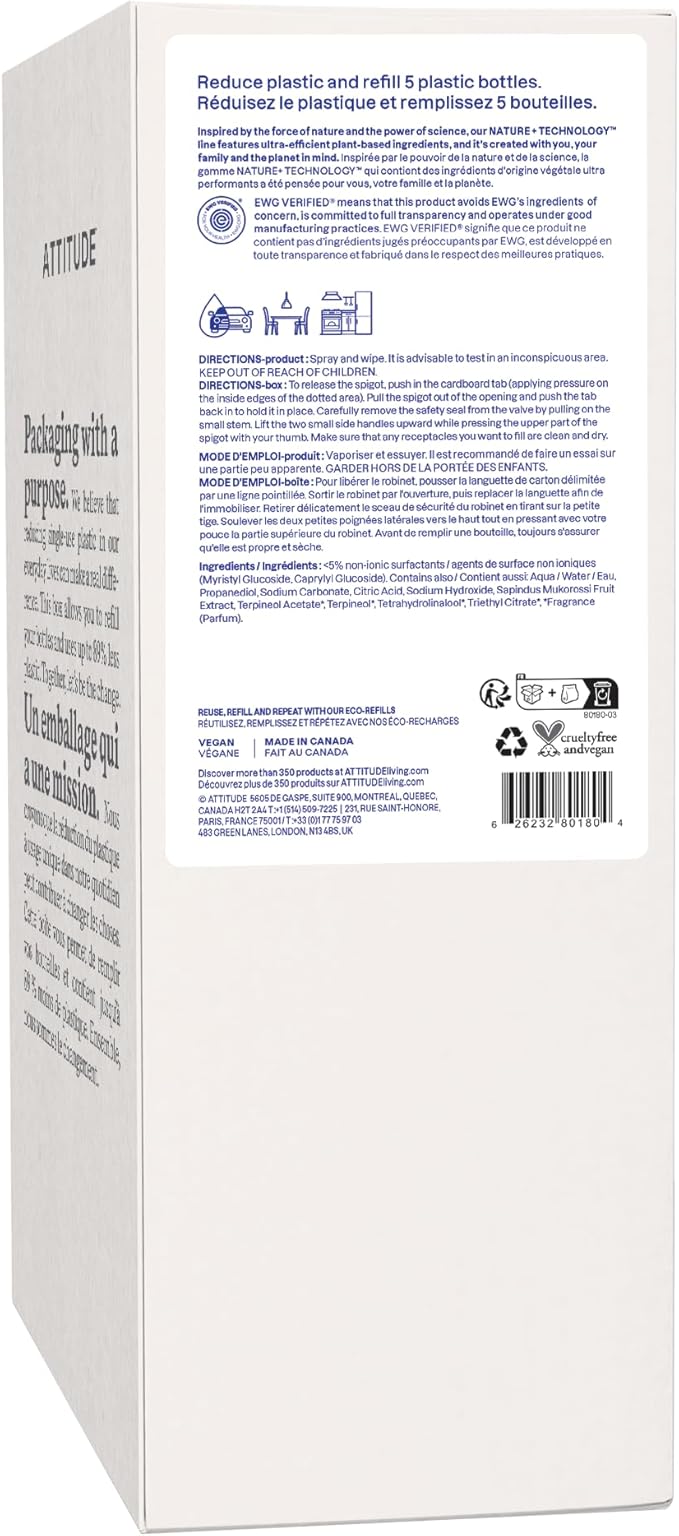 ATTITUDE All Purpose Cleaner Refill, EWG Verified, Plant-Based & Vegan, Multi-Surface Cleaning Spray, Citrus Zest Scent, 135.26 Fl Oz
