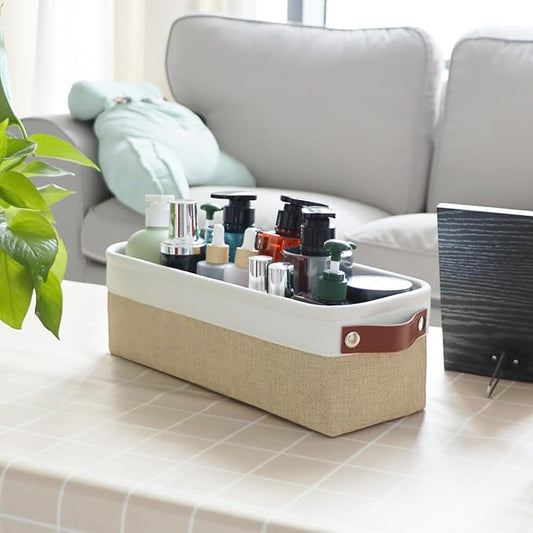 Univivi 4PC Long Narrow Storage Baskets, Small Fabric Storage Bins with PU Handles for Closet,Cabinet,Countertop Organizing Small Items(Khaki-15x6x5 inch)