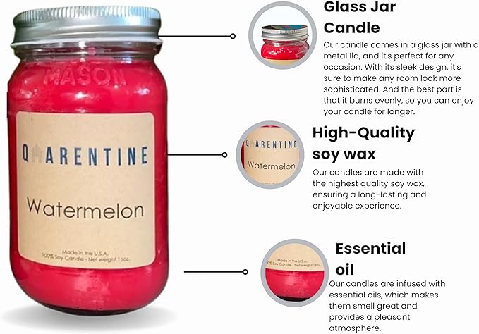 Organic Soy Wax Watermelon Scented Vegan Candle | Watermelon Aroma | 100% Pure Soy & Essential Oils | Long-Lasting Scent | Hand-Poured in The USA | Perfect for Aroma Therapy(16oz)