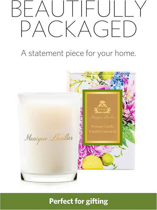 Agraria Monique Lhuillier Tomato Oakmoss Perfume Candle, 7 Oz, 40-50 Hours Flicker Time, Fresh Alluring Botanical Earthy Scented Candles for Home