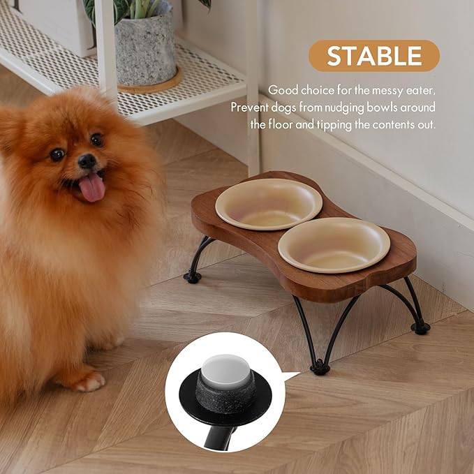 Ceramic 5.5-inch Raised Double-Bowl Set with Non-Slip Stand, 1 Cup Food or 9.5oz Water Dishes for Puppies and Cats, Wide Opening with Rounded Edges(Oat Beige)