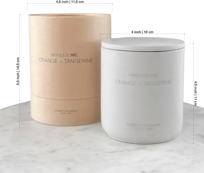 WHOLESOME. Orange + Tangerine Scented Non Toxic Candles - 100% Natural Coconut Wax Candle, 90 Hours Burn, 2 Wicks, Aromatherapy & Stress Relief Candles, Vegan Candle, 16 oz Concrete Jar