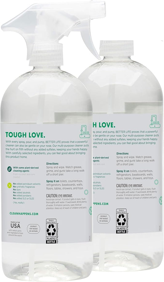 Better Life All Purpose Cleaner - Multipurpose Home and Kitchen Cleaning Spray for Glass, Countertops, Appliances, Upholstery & More - Multi-surface Spray Cleaner - 32oz (Pack of 2) Unscented
