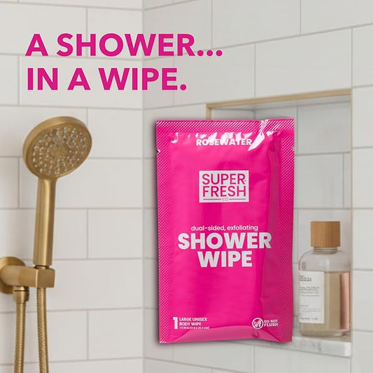 Super Fresh Shower Wipes Large Rosewater Body Wipes for No Rinse Bathing Personal Hygiene Gym Travel or Camping Enriched with Aloe and Vitamin E 10 Individually Wrapped Disposable Sheets