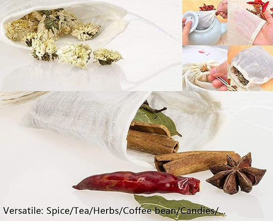 20 Pcs Muslin Drawstring Bags - Natural Unbleached Cotton Straining Herbs Cheesecloth, Coffee Tea Brew, Soup Gravy Broth Stew, Bone Broth Brew, Spice Bags - 6 x 4 Inches