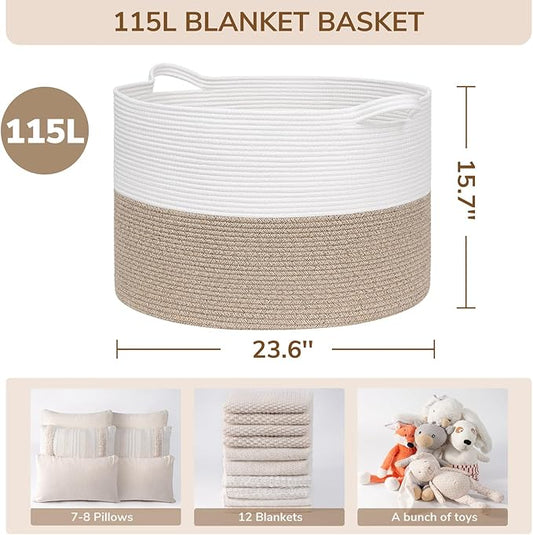 INDRESSME 115L Extra Large Blanket Basket, Soft Cotton Rope Storage Baskets for Organizing Living Room Décor Toy Storage for Kids,Decorative Woven Basket for Laundry & Towels, Light Brown