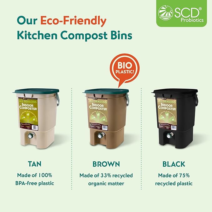 All Seasons Indoor Composter Starter Kit – 5 Gallon Black Compost Bin For Kitchen Countertop With Lid, Spigot & 1 Gallon (2 lbs.) Bag Of Dry Bokashi Bran – Made In USA by SCD Probiotics