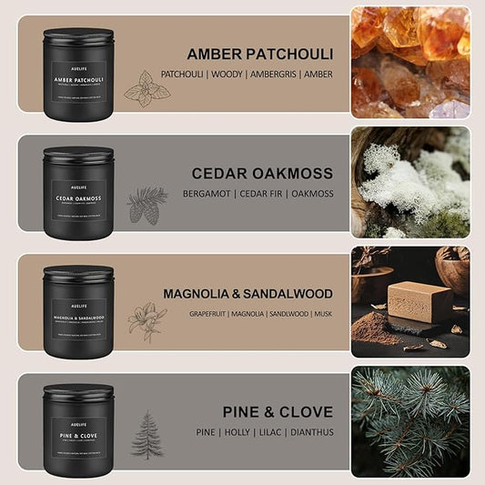 Winter Candle Gift Set for Men – 4 Pack Soy Candles with Cedar Oakmoss, Pine & Clove, Amber Patchouli, Sandalwood – Masculine Scented Candles for Home, Christmas Gift Set for Dad Fathers Day