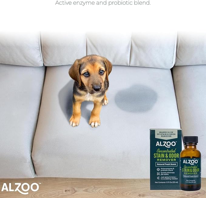 ALZOO Concentrated Stain & Odor Remover Refill Bottle, 100% Plant-Based Active Ingredients, 1.1 Fl. Oz, Pack of 3
