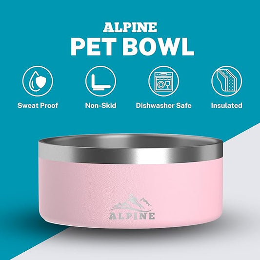 Alpine Set of 2 Stainless Steel Dog Bowls, Non Slip, Metal Pet Bowl for Food and Water, Double Walled Insulated, Rustproof, Dishwasher Safe- 32 Ounces- Pink (AB)