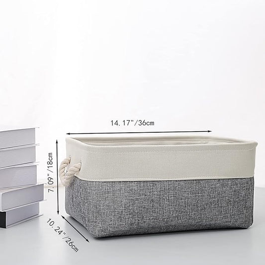 Fabric Storage Basket, Foldable Linen Storage Box for Nursery and Home, Collapsible Canvas Shelf Basket for Wardrobe or Bedroom, Grey and White