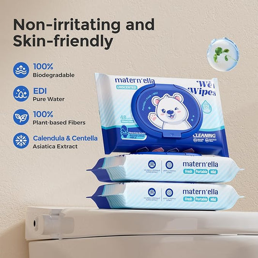 MATERN'ELLA Butt Wipes, Corner-Connected Design Calendula & Centella Asiatica Extract & Flushable Wipe, Fragrance free & Extra Large, Septic and Sewer Safe, Total 154 Wipes