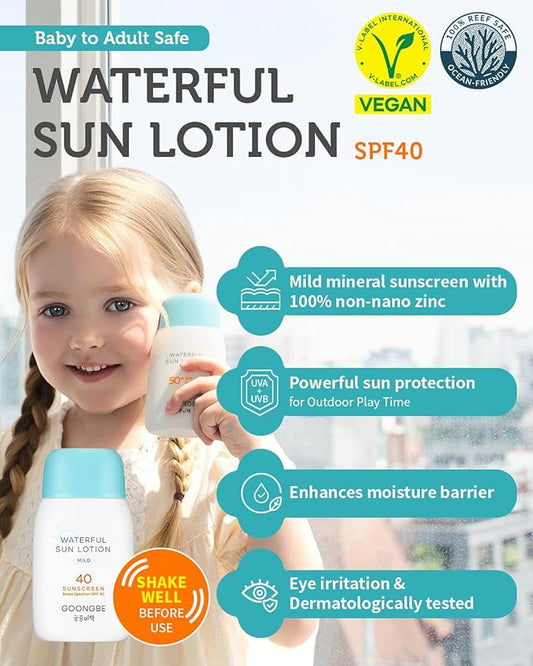 GOONGBE Kids Sun Lotion SPF 40 & Cooling Gel Cream - Zinc Oxide Mineral Sunscreen & 3-Second Soothing Relief - Korean Skincare for Sensitive Skin - Vegan Hypoallergenic, 2.82oz & 3.38oz