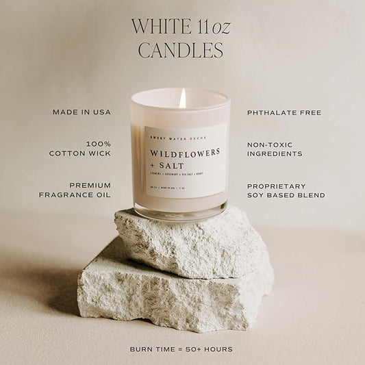 Sweet Water Decor Wildflowers and Salt Soy Candle - Jasmine, Rosemary, Sea Salt, and Honey Scented Spring Candle for Home - 11oz Jar Candle with Wood Lid, 50+ Hour Burn Time, Made in The USA
